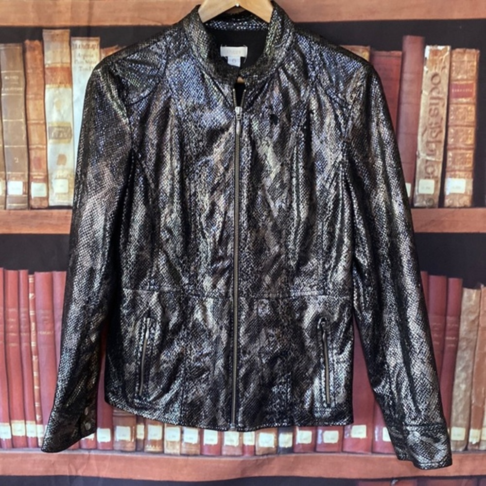 Chico's Metallic Snake Print Moto Jacket Bronze Black Size S